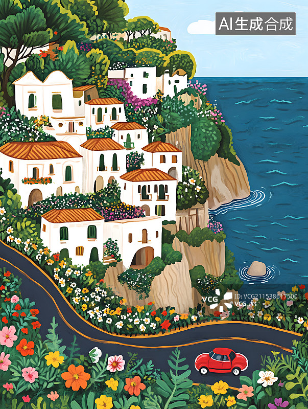 【AI数字艺术】旅行扁平风格蓝天白云小镇公路海岛公交车交通工具插画配图图片素材