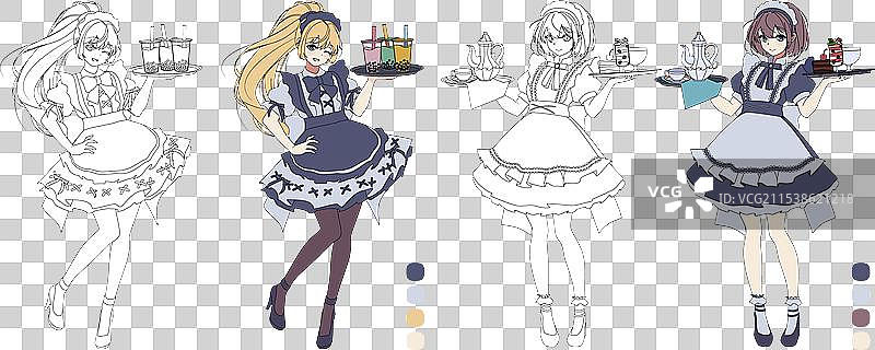 动漫女孩在女仆咖啡厅工作的涂色书图片素材