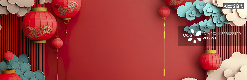 【AI数字艺术】国风剪纸风格的红色灯笼蓝色祥云和梅花装饰冬日喜庆红色背景传统文化新年春节元宵庆祝节日装饰2025年图片素材
