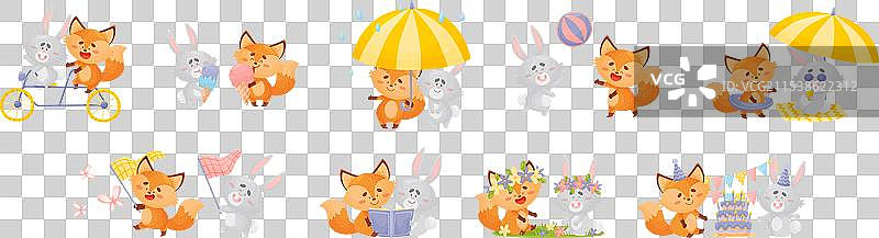 可爱的小狐狸和小兔子在玩耍图片素材