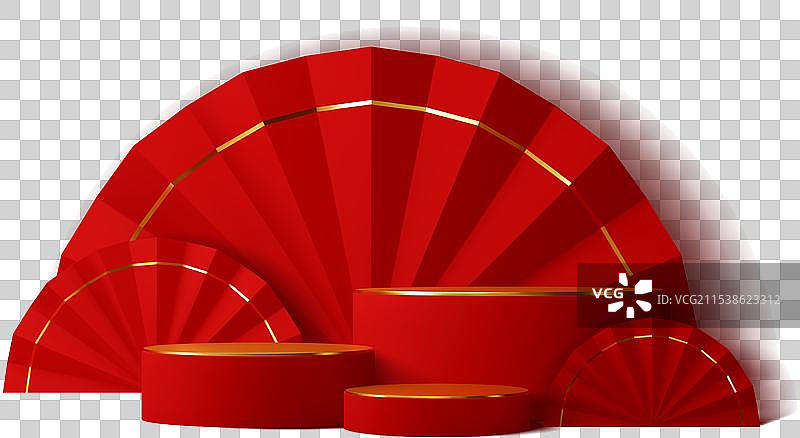 红色圆形中国讲台舞台，配有风扇环图片素材
