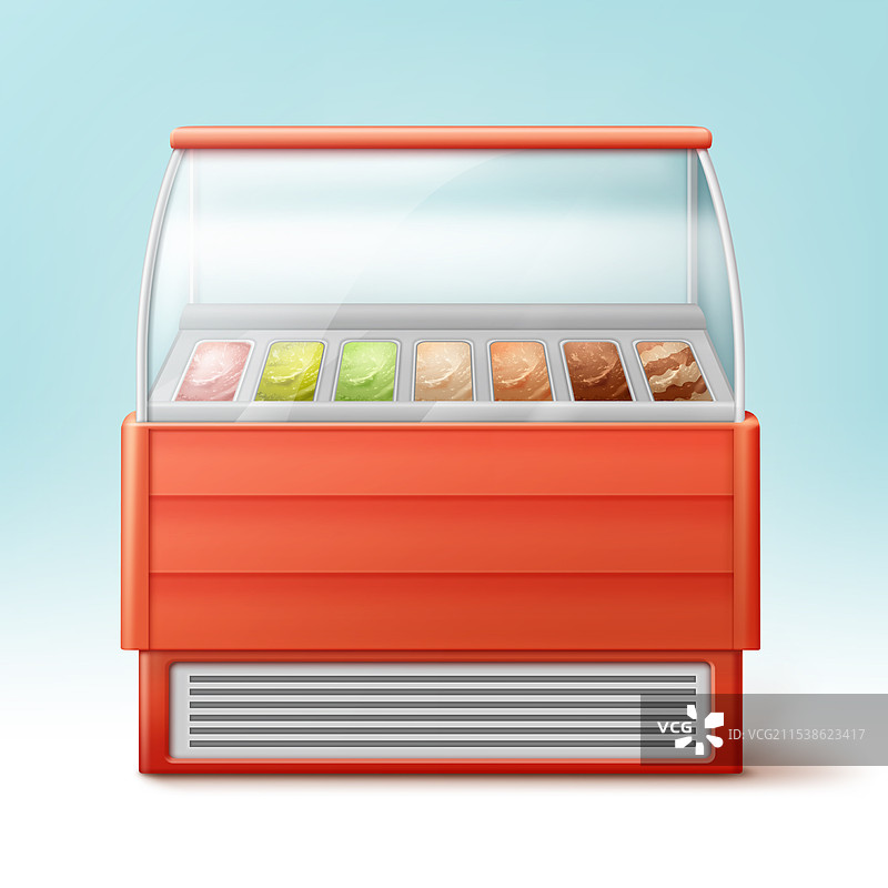 红色冰箱，里面有多种口味的冰淇淋图片素材