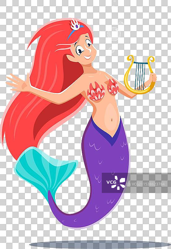 可爱的卡通美人鱼女孩角色，手持竖琴图片素材