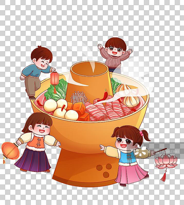 手绘火锅人物热闹春节元素图片素材