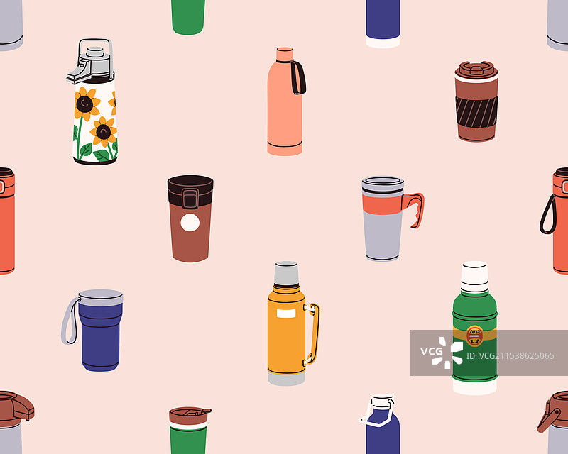 保温瓶和保温杯无缝图案旅行图片素材