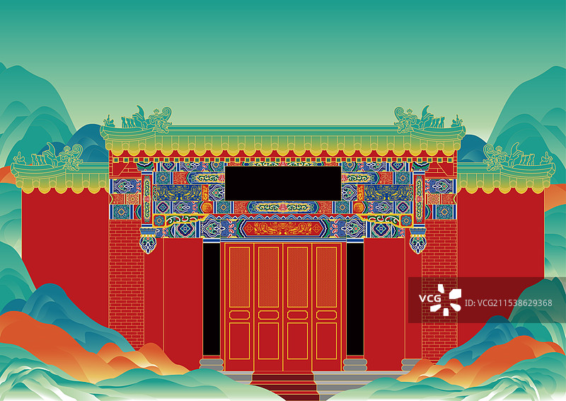 新中式新国潮垂花门古建矢量插画图片素材