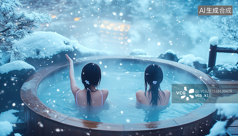 【AI数字艺术】温泉池里赏雪的青少年女孩图片素材