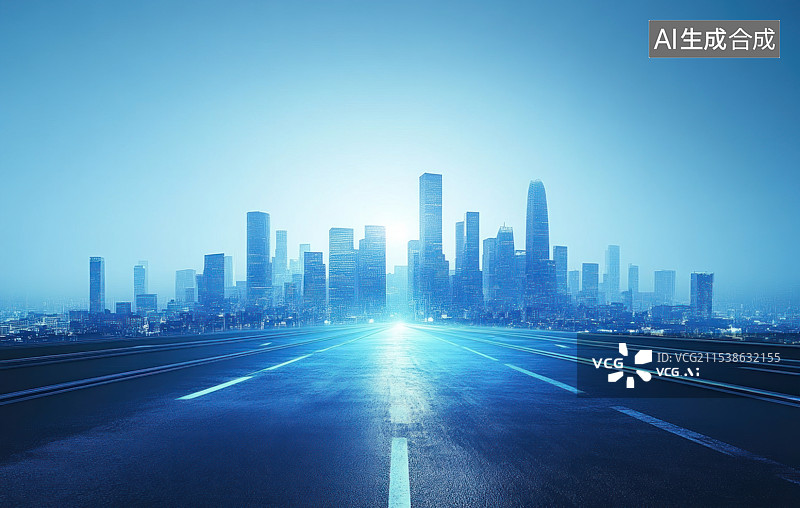 【AI数字艺术】抽象蓝色城市建筑会议kv主视觉活动主画面背景设计图片素材