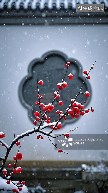 【AI数字艺术】下雪天中国古建筑前盛开的红梅图片素材