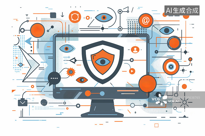 【AI数字艺术】被眼睛注视的数字化生活的抽象插画，互联网时代下每个人被监视下的无隐私生活图片素材