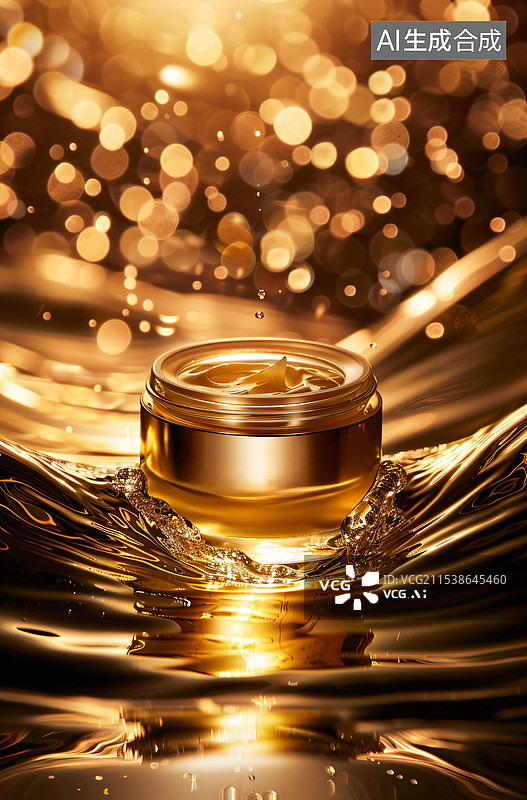 【AI数字艺术】面霜化妆品创意海报、高级玻璃瓶身、鎏金水波飞溅、C4D图片素材