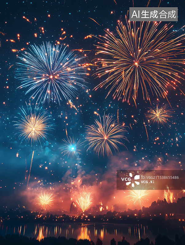 【AI数字艺术】蓝色星空美丽烟花图片素材