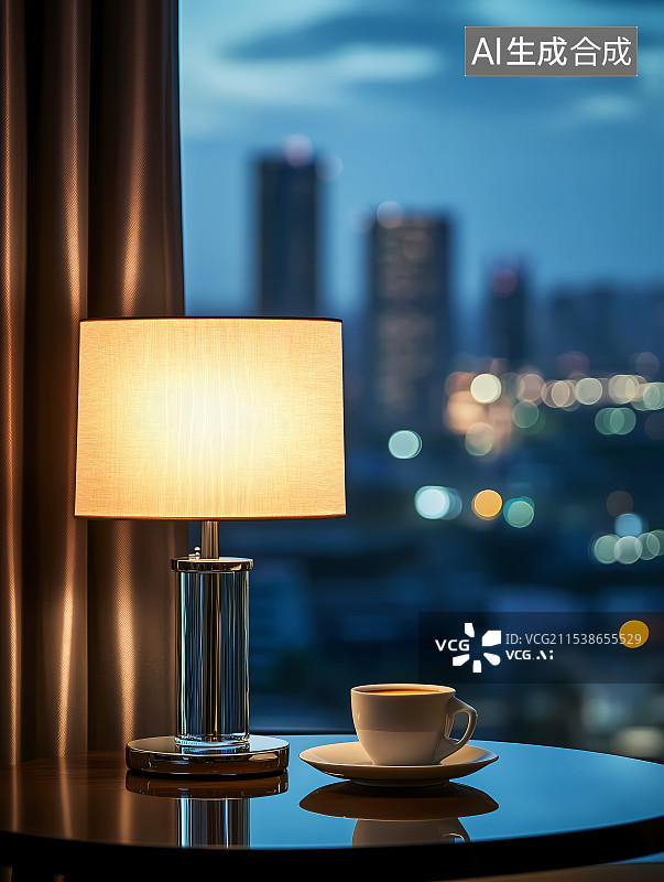 【AI数字艺术】窗前桌面上的台灯和咖啡杯图片素材