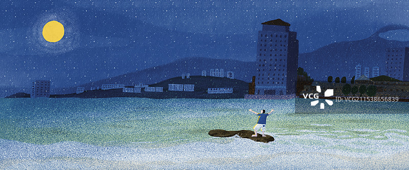 插画：海边的月亮图片素材