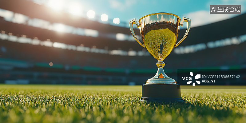【AI数字艺术】足球场草坪上摆放的金色奖杯——竞技体育冠军夺冠概念图片素材
