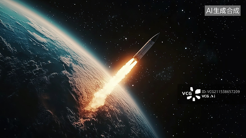 【AI数字艺术】火箭发射飞离地球驶向太空插画图片素材