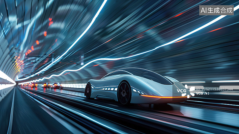 【AI数字艺术】未来世界行驶的在隧道的白色跑车图片素材