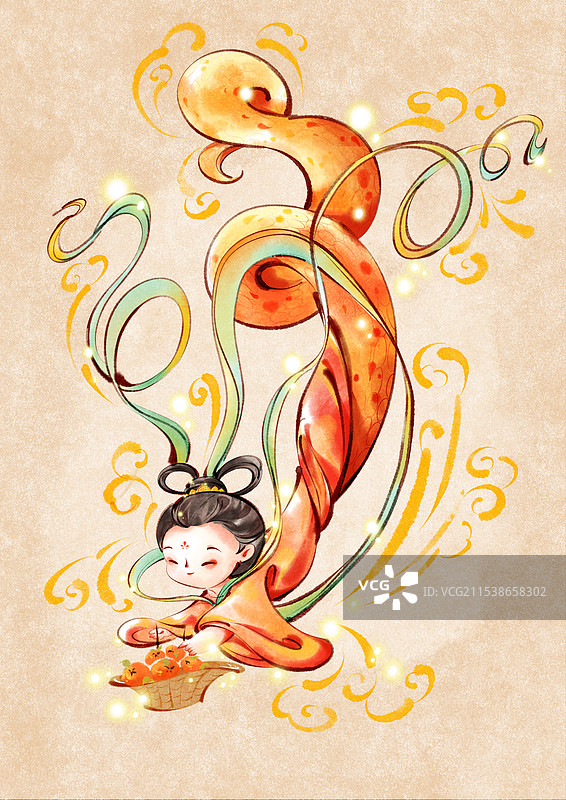 蛇年拿着一筐橘子的敦煌仕女新年贺图图片素材