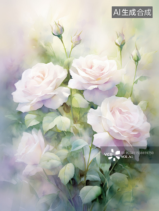 【AI数字艺术】温柔淡雅的玫瑰水彩画图片素材