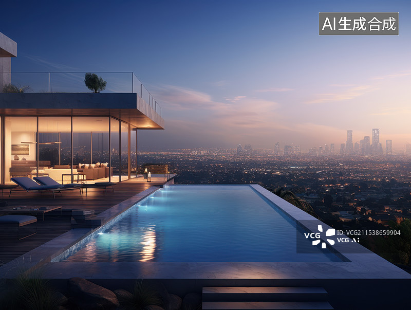 【AI数字艺术】空中泳池与城市夜景，摩登都市的极致奢华图片素材