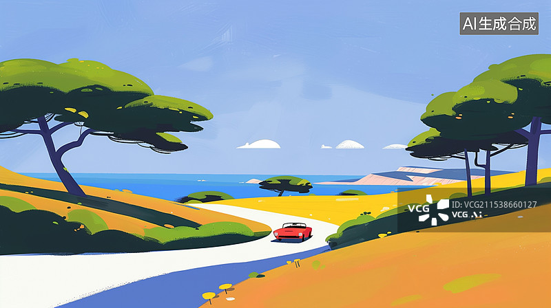 【AI数字艺术】一辆红色复古跑车在海滨公路上行驶平面插图图片素材