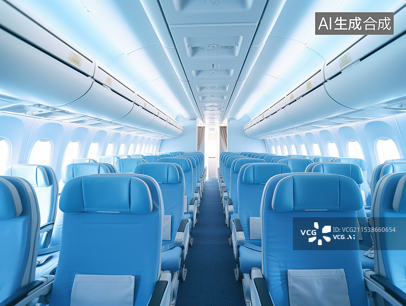 【AI数字艺术】飞机内部座椅，客机机舱内部图片素材