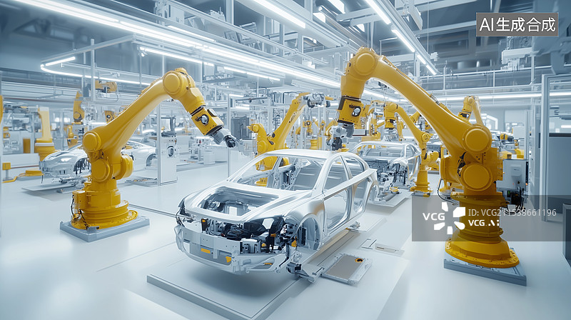 【AI数字艺术】一群黄色的机械臂在一个白色的汽车工厂里制造汽车图片素材