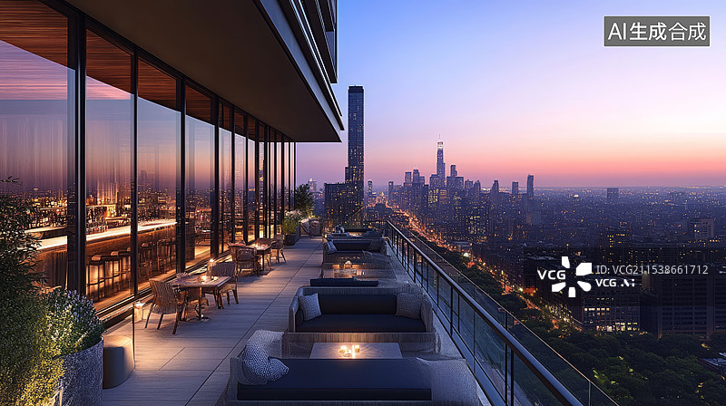 【AI数字艺术】夕阳下的高档建筑空中阳台图片素材