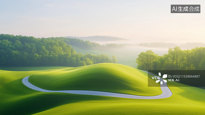 【AI数字艺术】蜿蜒山路与翠绿山峦图片素材