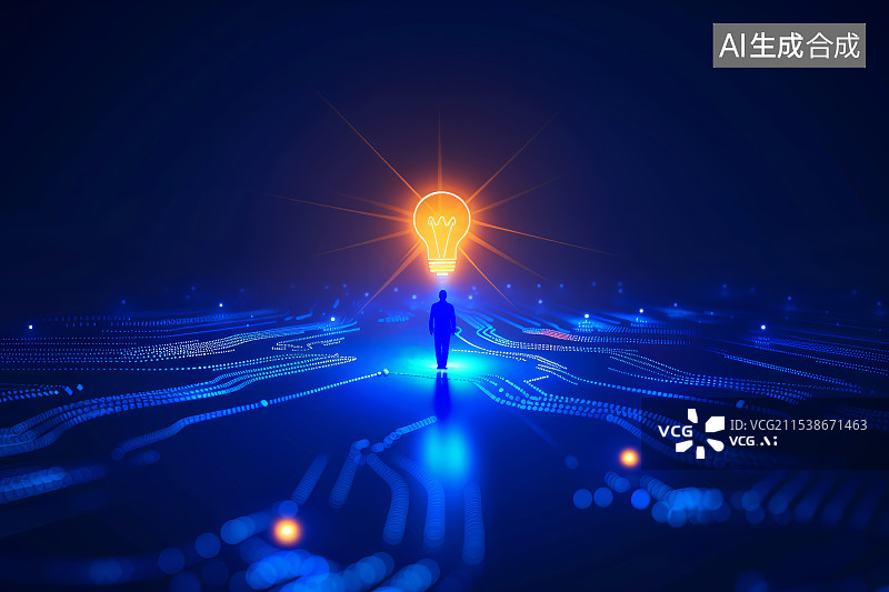 【AI数字艺术】一个商务人士在抽象虚拟空间中站在一个发光的灯泡，思考、好奇、科技、认知相关概念商务背景图图片素材