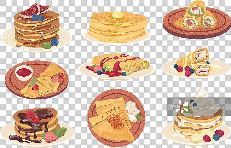 甜咸煎饼组合，配有不同的馅料图片素材