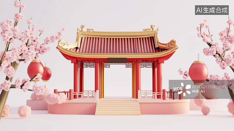 【AI数字艺术】3D红色中式建筑场景图片素材