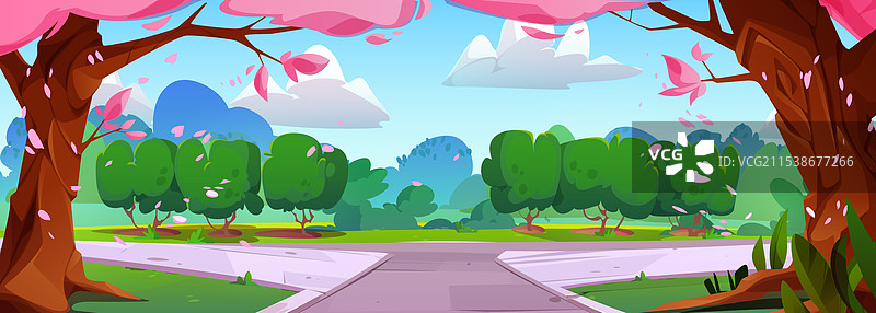 城市公共公园内的小径和盛开的粉色花树图片素材