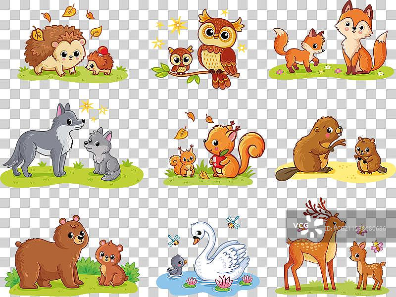 森林动物的母亲和幼崽，森林家庭图片素材