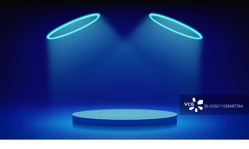 未来感蓝色舞台讲台，圆形霓虹LED灯图片素材