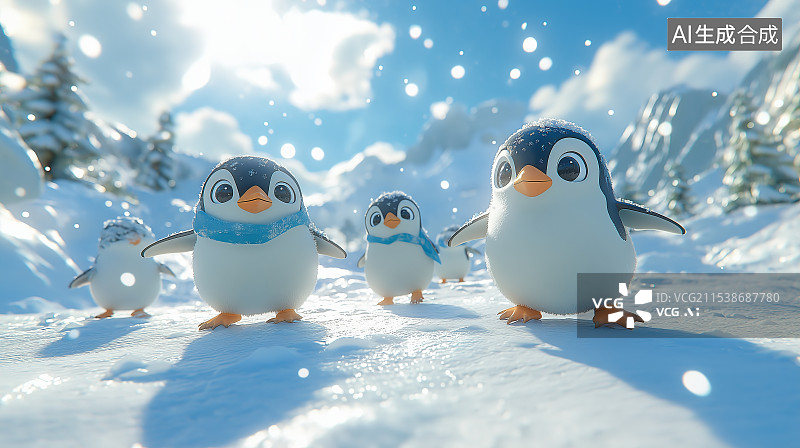 【AI数字艺术】雪地里的小企鹅插画图片素材