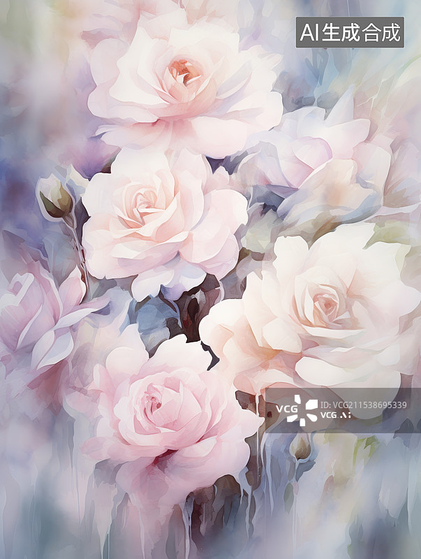 【AI数字艺术】温柔淡雅的玫瑰水彩画图片素材