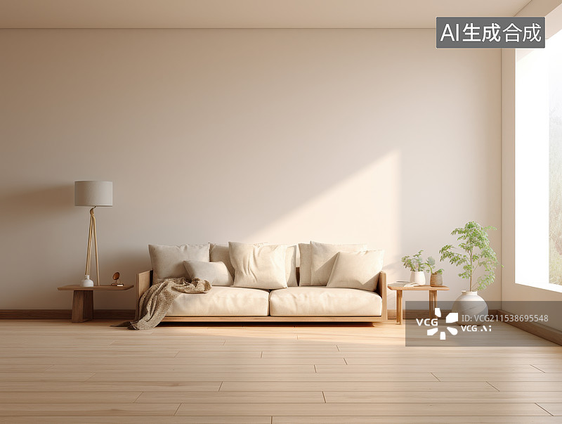 【AI数字艺术】阳光洒满的禅意空间，极简现代风格客厅图片素材