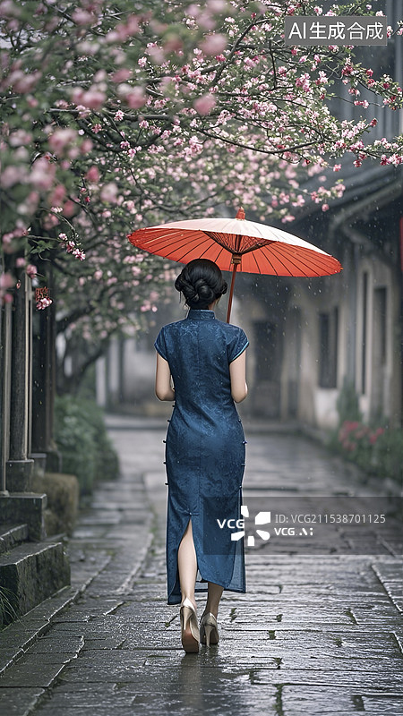 【AI数字艺术】江南雨巷穿旗袍打折油纸伞的女子图片素材