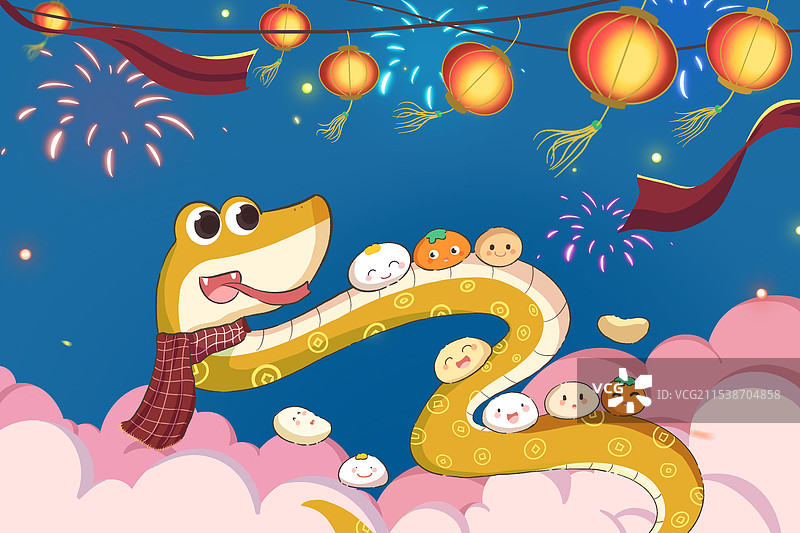 手绘元宵节可爱蛇和汤圆赏灯插画图片素材