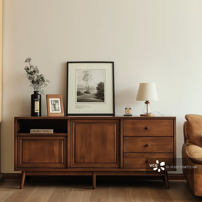 一个木质的桌柜，简约而优雅的室内装饰场景图片素材