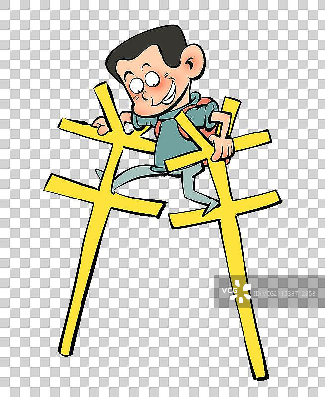 拿着钱币符号踩高跷的青少年卡通漫画人物元素图片素材