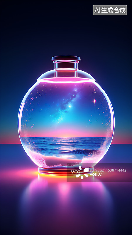 【AI数字艺术】蓝色背景下的玻璃容器特写镜头图片素材
