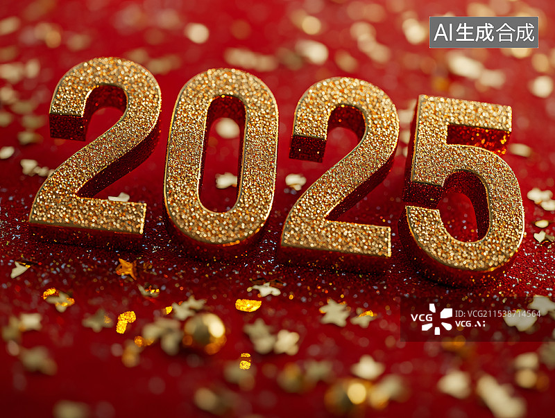 【AI数字艺术】2025金色立体数字 春节新年  红色喜庆背景 开工大吉图片素材