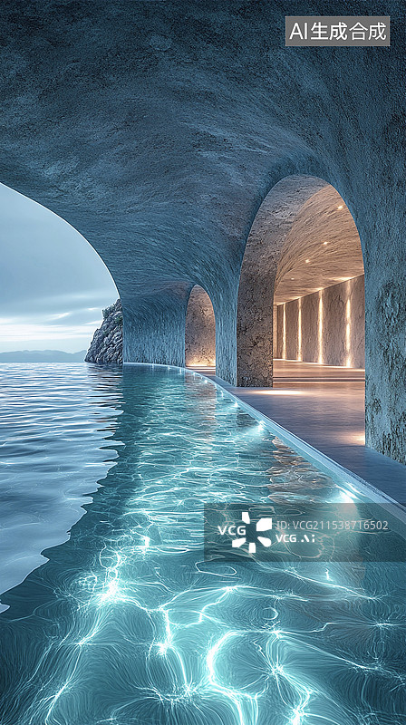 【AI数字艺术】高档华丽别墅水池展厅蓝色水面波纹水背景图片素材