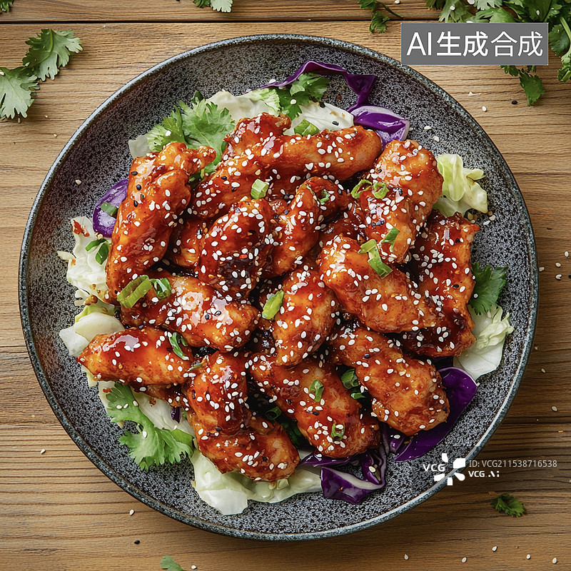 【AI数字艺术】木桌上的一盘中式炒菜特写图片素材