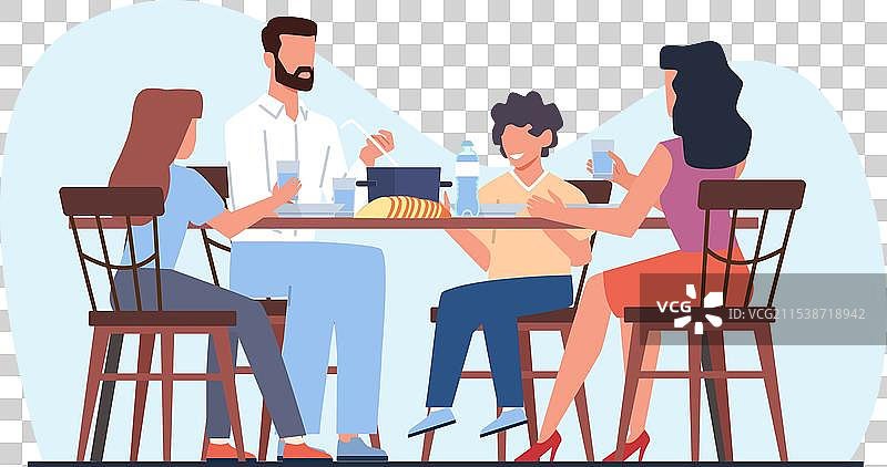 快乐的家庭在厨房里共进晚餐图片素材