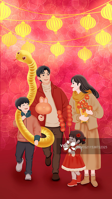 蛇年爸爸妈妈哥哥妹妹一家四口大年初一逛花街图片素材