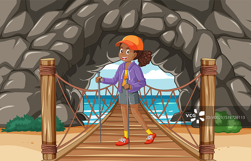 一个人在木桥上站立的卡通画图片素材
