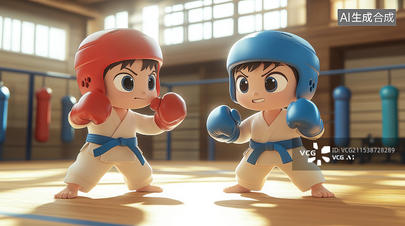 【AI数字艺术】两个可爱的男孩穿着空手道跆拳道制服，准备格斗战斗图片素材